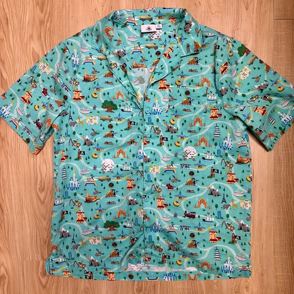 Disney Parks Button Up Shirt Theme Park Attractions All Over Print Blue Size XL